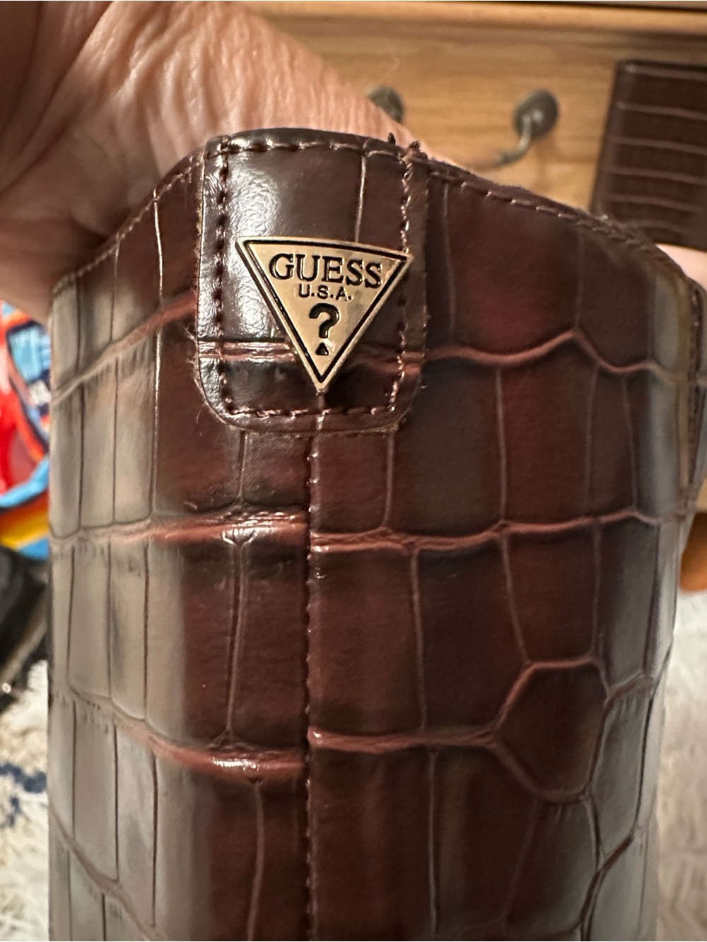 Guess Croc-Embossed Over-the-Knee Boots in Dark Brown